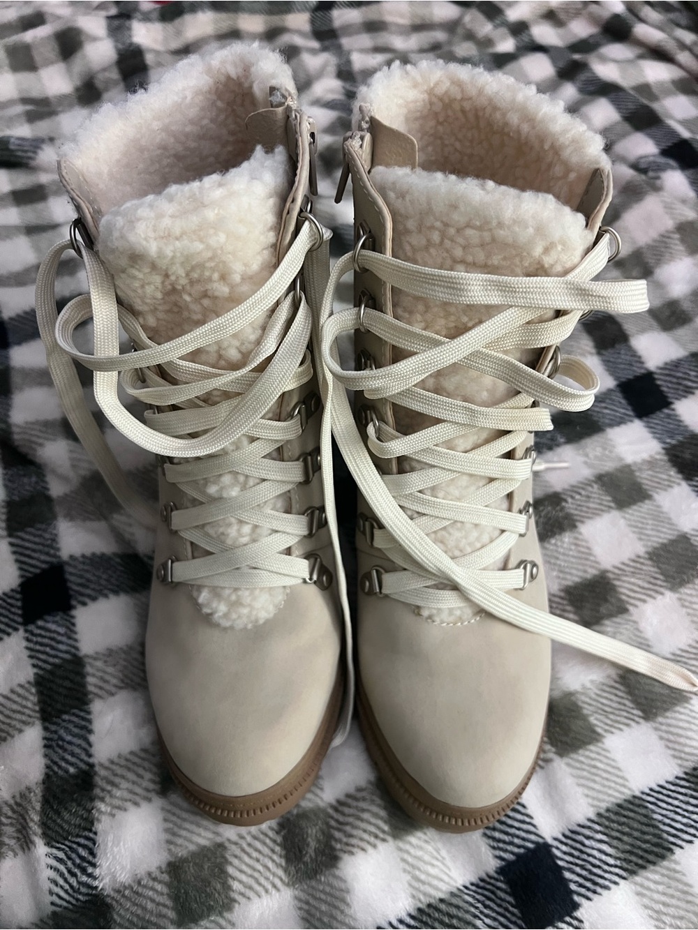 Soda Cream Faux-Shearling Lace-Up Moto Combat Boots